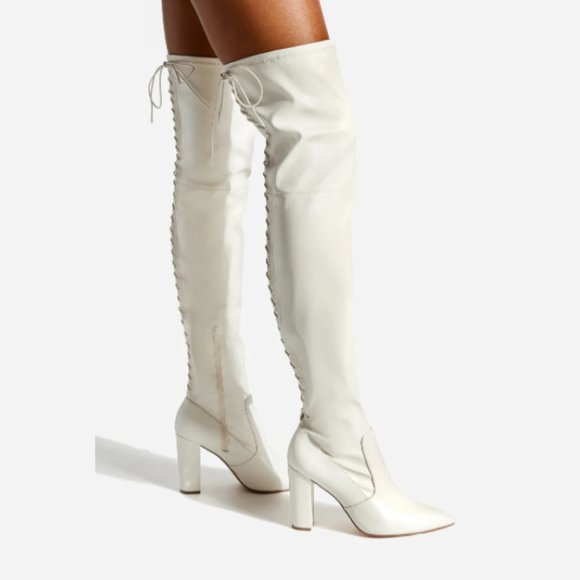 🆕 High Block Heel Boots in Off White Bone Wide Calf - Picture 1 of 6